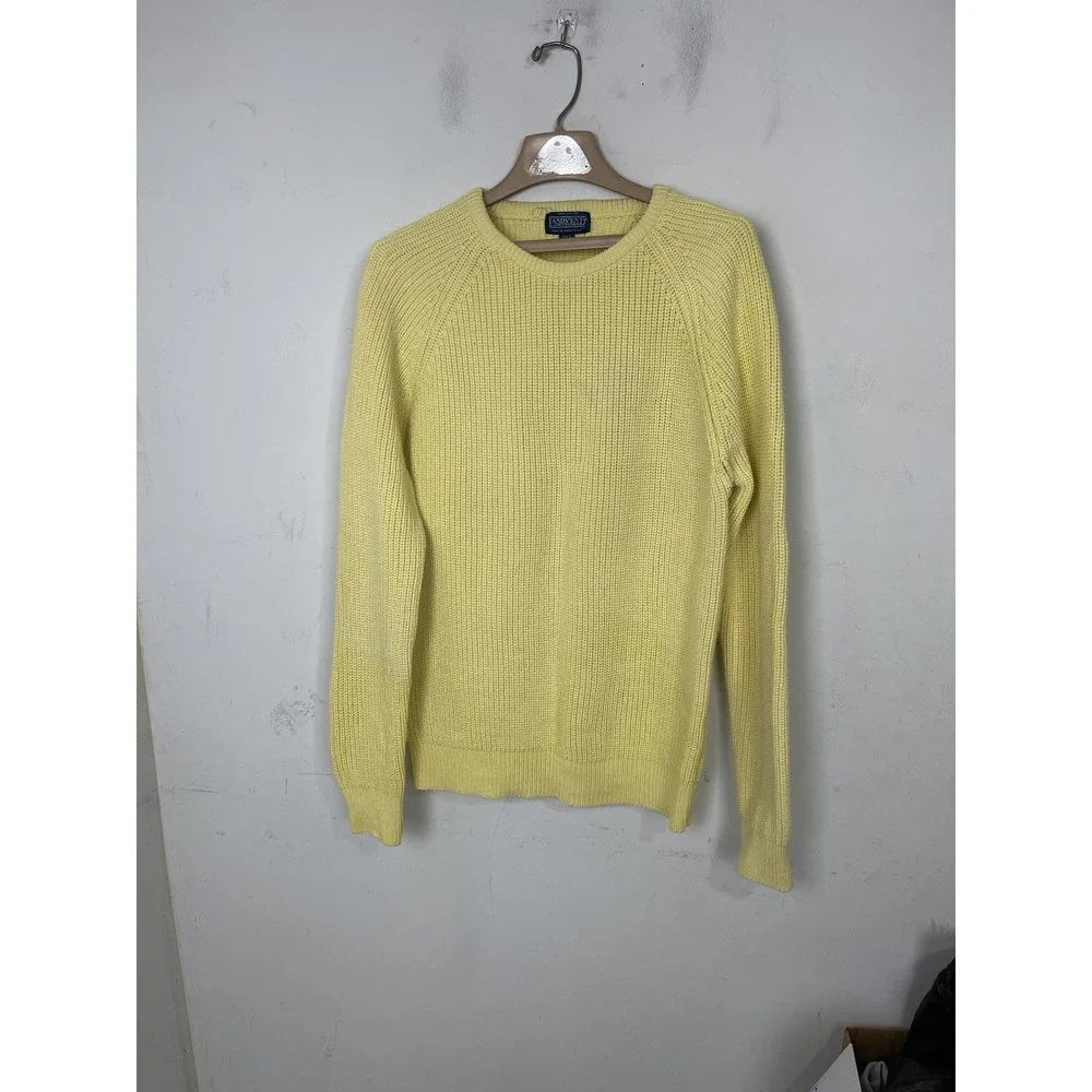Lands End Mens Sweater Large Fisherman Cotton Rib Knit Crew Neck Yellow Vintage‎
